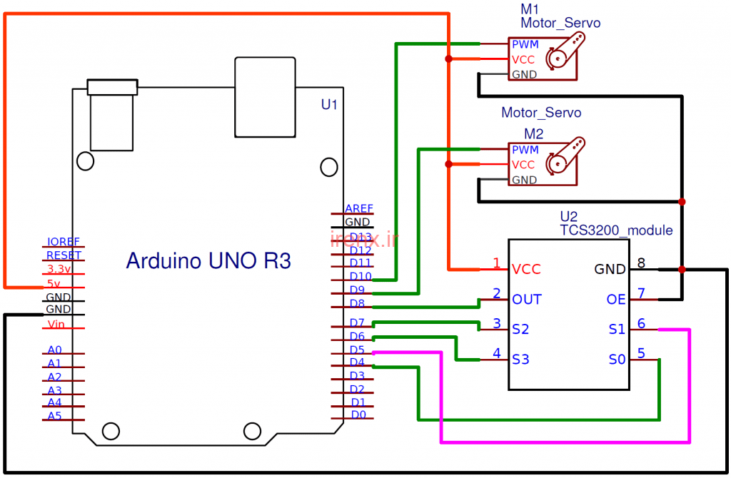 مدار پروژه تشخیص رنگ و مرتب سازی با آردوینو