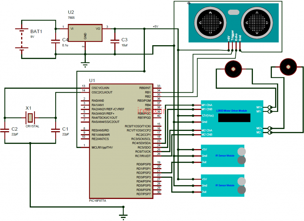 مدار پروژه ربات عدم برخورد به مانع با PIC