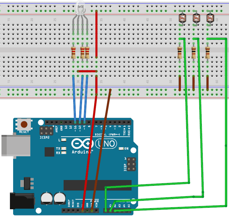 مدار پروژه کنترل رنگ LED RGB با LDR