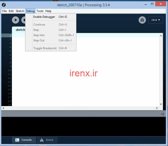 منو Debug در نرم افزار پروسسینگ
