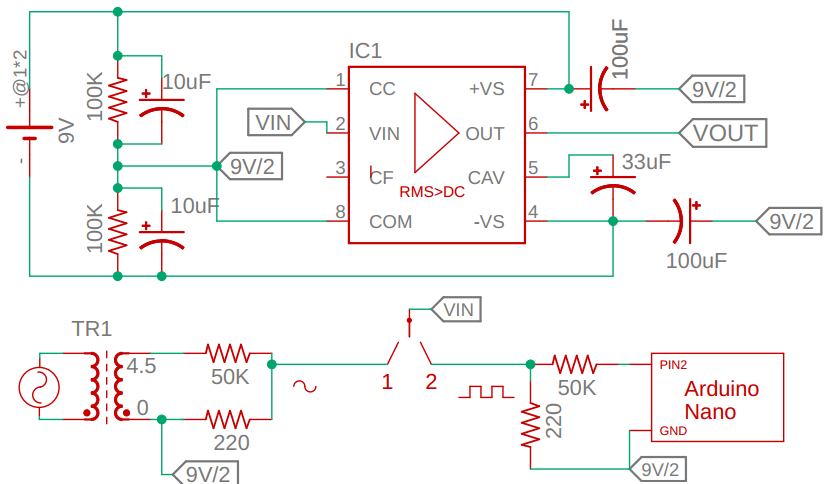 شماتیک برای مبدل RMS حقیقی با IC AD736