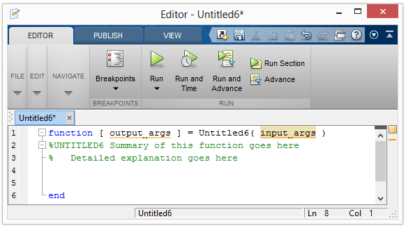پنجره ساخت تابع در Matlab