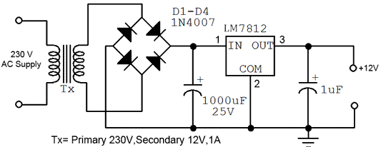 مدار منبع تغذیه DC 12 ولت 1 آمپر