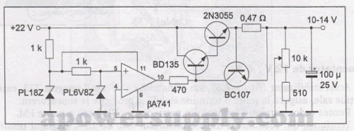 شماتیک منبع تغذیه قابل تنظیم 2N3055