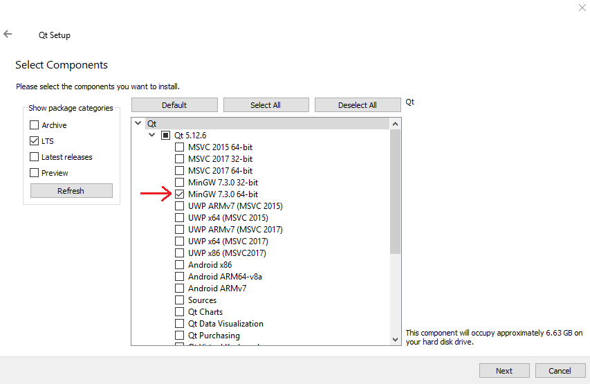 انتخاب MinGW 7.3.0 64-bit
