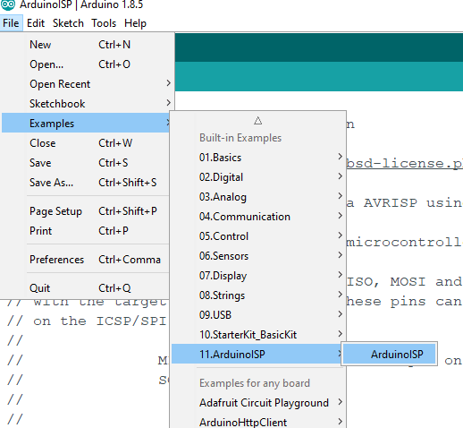کد Arduino ISP در Arduino IDE