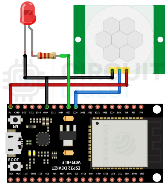 مدار اتصال سنسور HC-SR501 PIR و ESP32
