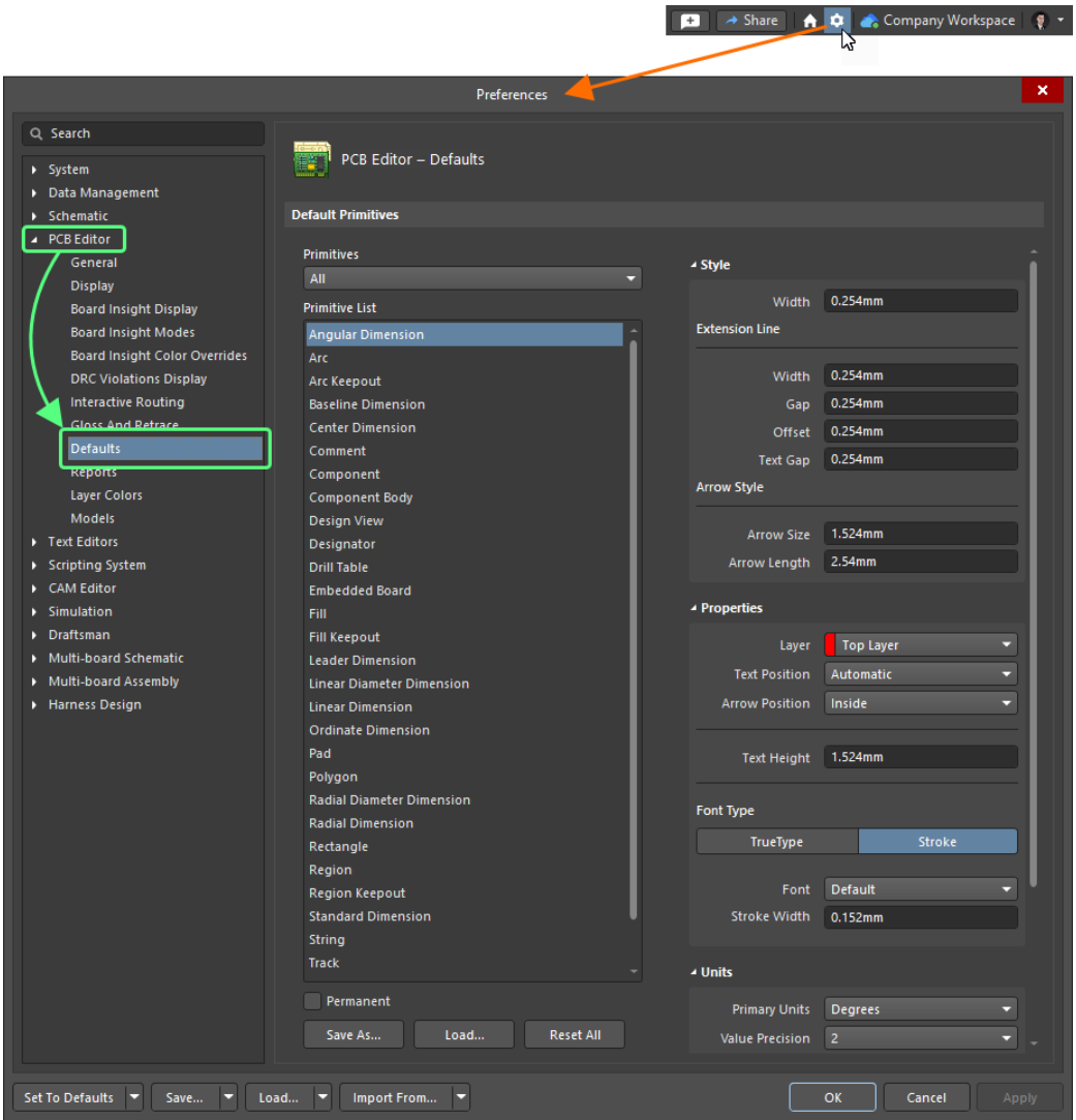 تنظیم مقادیر پیش‌فرض اجزای PCB
