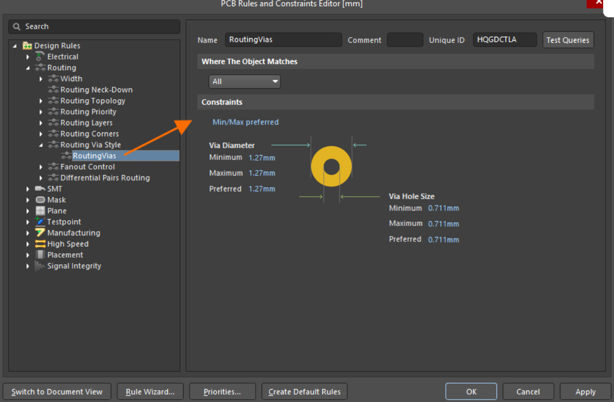 تعریف قانون طراحی نوع ویا (Routing Via Style)