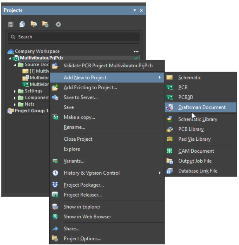افزودن و پیکربندی سند جدید Draftsman