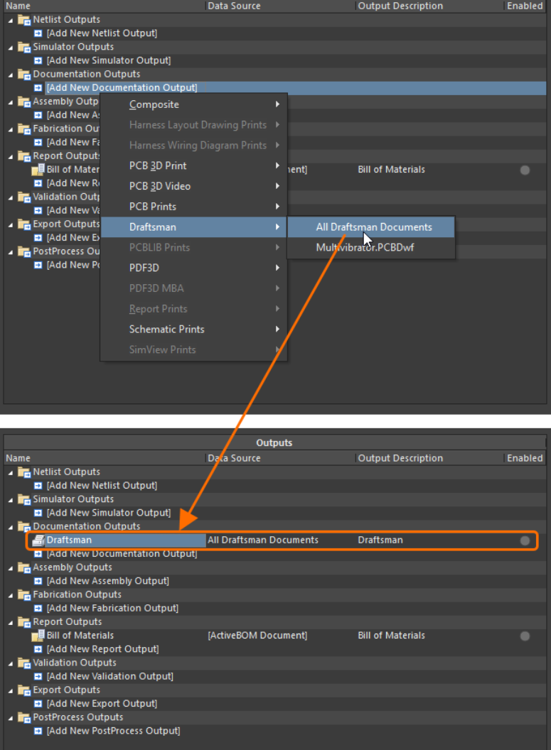 افزودن خروجی Draftsman