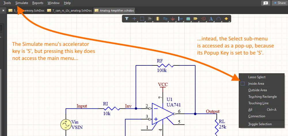 کلیدهای Accelerator منوی اصلی