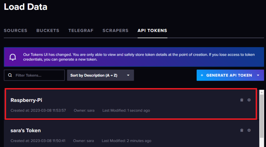 لیست توکن های InfluxDB