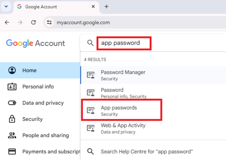 منوی App Passwords