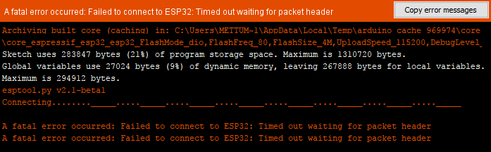 پیام خطای Failed to connect to ESP32 در محیط Arduino IDE