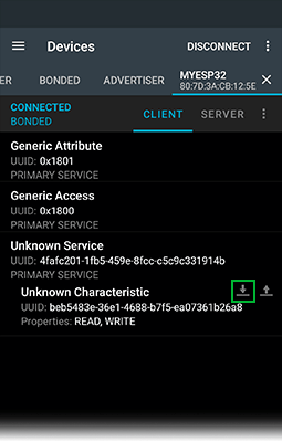 آیکون های خواندن و نوشتن کنار هر characteristic در nRF Connect