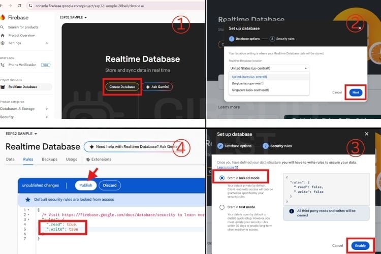 {'placeholder': '[[IMAGE_4]]', 'alt': 'فرآیند ایجاد Realtime Database و انتخاب Locked mode'}