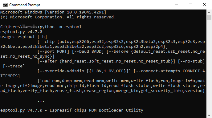 خروجی اجرای python -m esptool نشاندهنده نسخه و راهنمای استفاده