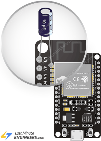 محل پیشنهادی نصب خازن بین EN و پایه اول GND روی ماژول ESP32-WROOM-32