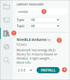 تصویر Library Manager آردوینو برای نصب NimBLE-Arduino