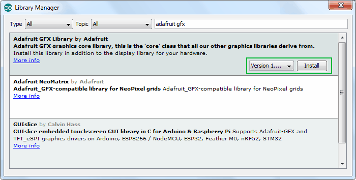 نتیجه جستجو برای کتابخانه Adafruit GFX در Library Manager