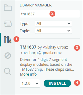 صفحه Library Manager برای نصب TM1637Display