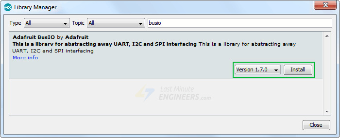 نتیجه جستجو و نصب Adafruit BusIO در Library Manager