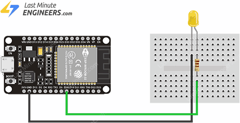 سیم کشی LED با مقاومت 330 Ω به پین GPIO18 روی برد ESP32
