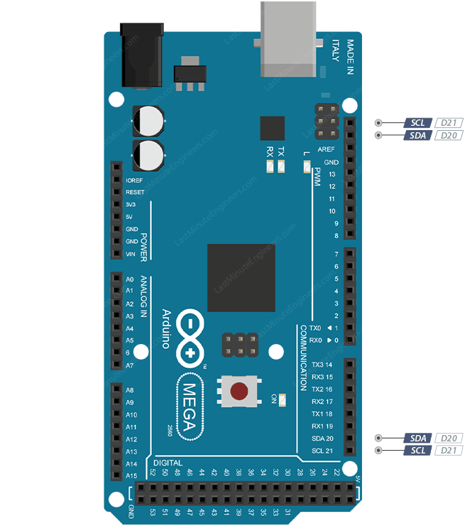 محل پین های I2C SDA و SCL نزدیک AREF