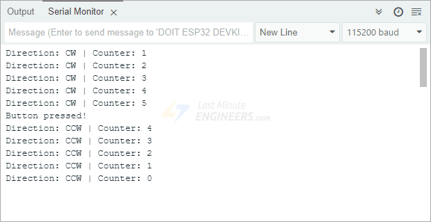 خروجی Serial Monitor نشاندهنده جهت و مقدار کانتر