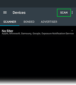 صفحه اسکن دستگاه ها در nRF Connect