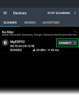 نمای Services در nRF Connect و یافتن MyESP32