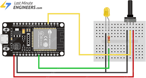 اتصال پتانسیومتر به 3.3V، GND و ورودی آنالوگ GPIO34